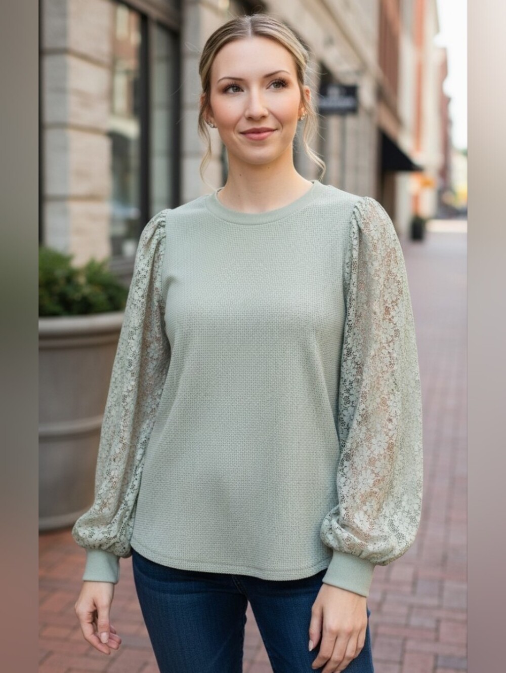SHEIN Light Sage Lace-Sleeve Waffle Knit Top